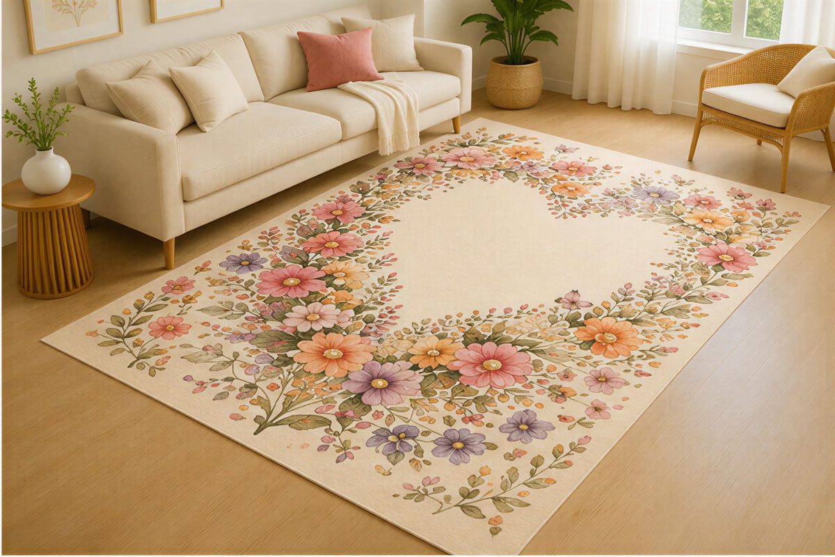 ICE ARMOR 5' x 7' Floral Wreath Border Area Rug for Living Room, Soft Low Pile Indoor Rug with Non-Slip Silicone Backing, Botanical Carpet for Bedroom, Dining Room, Office, Family Room