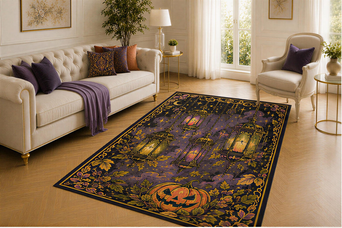 ICE ARMOR 5' x 7' Halloween Lantern Rug, Pumpkin Moon and Leaf Border Design, Smooth Printed Floor Cover for Entryway, Lounge, Bedroom and Seasonal Decor