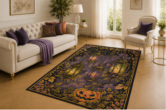 ICE ARMOR 5' x 7' Halloween Lantern Rug, Pumpkin Moon and Leaf Border Design, Smooth Printed Floor Cover for Entryway, Lounge, Bedroom and Seasonal Decor