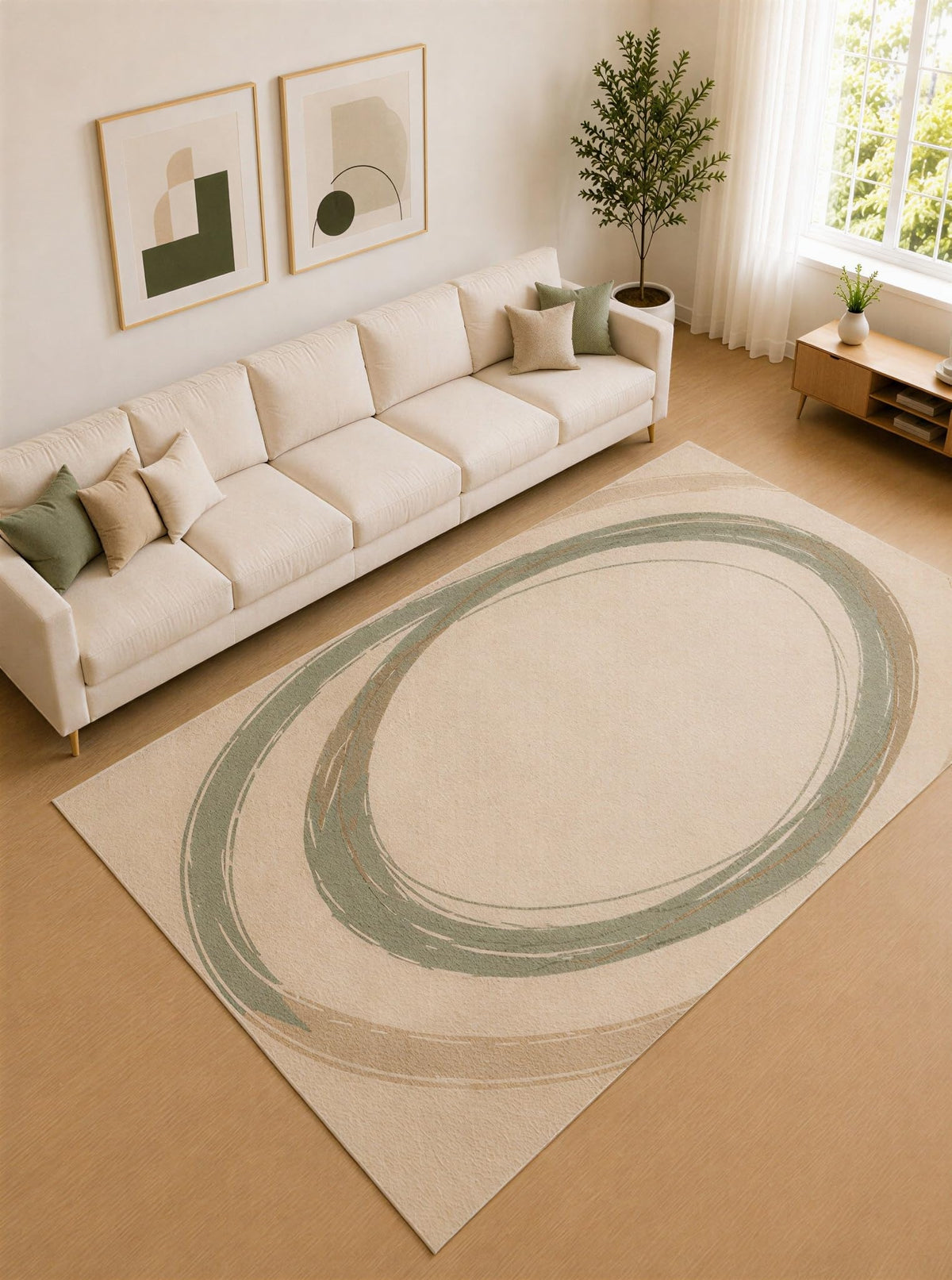 ICE ARMOR Large 6'7" x 9'10" Sage Green and Beige Brush Ring Area Rug for Living Room, Soft Low Pile Carpet with Non-Slip Silicone Backing, Decor for Bedroom and Home Office