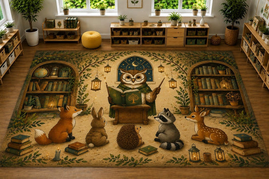 ICE ARMOR Large 6'7" x 9'10" Woodland Owl Library Area Rug, Soft Low Pile Indoor Rug with Non-Slip Silicone Backing for Kids Room, Nursery, Beige
