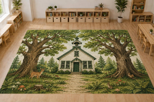 ICE ARMOR Large 6'7" x 9'10" Woodland Schoolhouse Area Rug, Soft Low Pile Indoor Rug with Non-Slip Silicone Backing for Nursery, Kids Room, Green