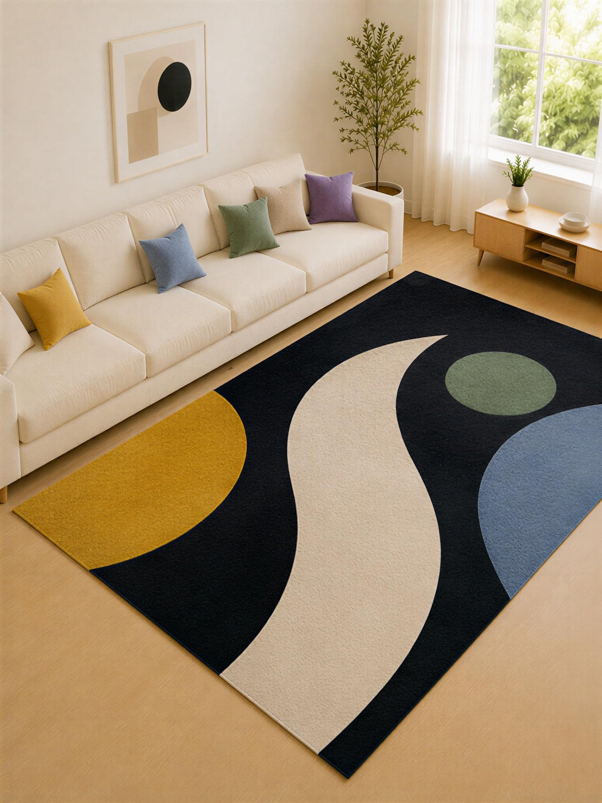 ICE ARMOR "Ultra Lightweight Large 6'7" x 9'10" Black and Mustard Crescent Forms Area Rug for Living Room, Bedroom and Home Office, Soft Low Pile Carpet with Non-Slip Silicone Backing