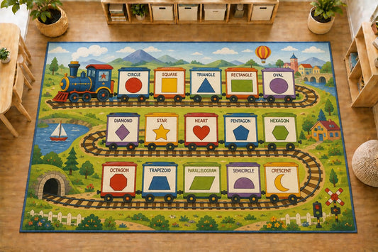 ICE ARMOR Large 6'7" x 9'10" Shapes Learning Train Area Rug, Soft Low Pile Indoor Rug with Non-Slip Silicone Backing for Kids Room Playroom, Green