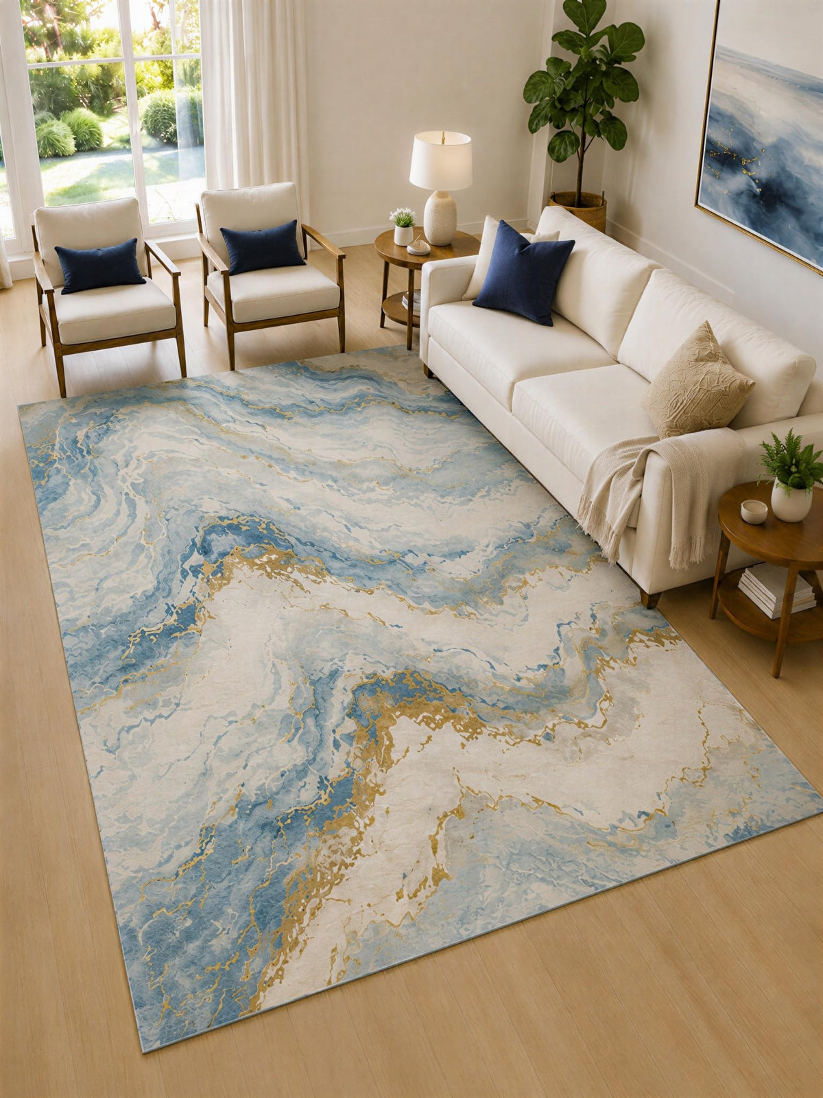 ICE ARMOR Large 6'7" x 9'10" Blue and Ivory Cloud Marble Area Rug for Living Room, Soft Low Pile Carpet with Non-Slip Silicone Backing, Decor for Bedroom and Home Office