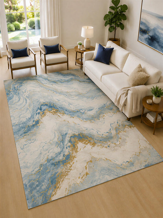 ICE ARMOR Large 6'7" x 9'10" Blue and Ivory Cloud Marble Area Rug for Living Room, Soft Low Pile Carpet with Non-Slip Silicone Backing, Decor for Bedroom and Home Office