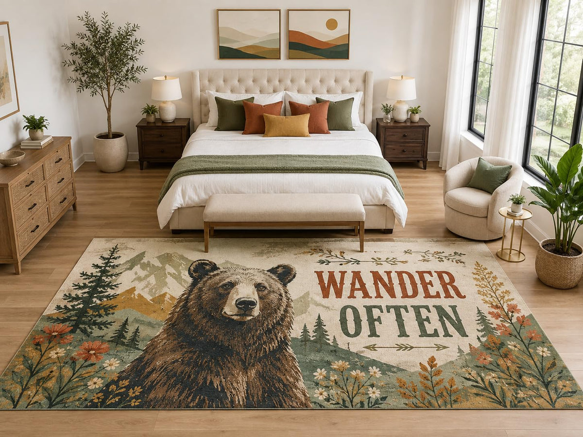 ICE ARMOR "Ultra Light Weight Large 6'7" x 9'10" Wander Often Bear Mountain Rug, Soft Low Pile Indoor Rug, Non-Slip Silicone Backing, Bedroom Brown