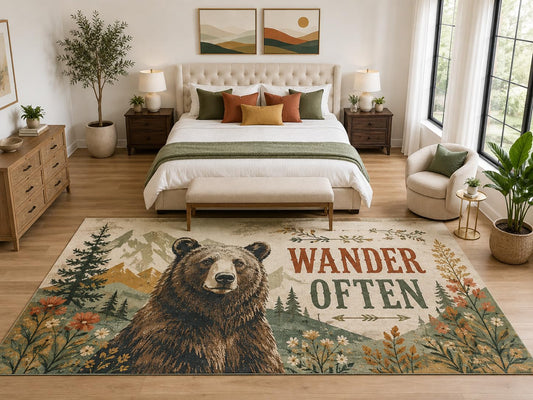 ICE ARMOR "Ultra Light Weight Large 6'7" x 9'10" Wander Often Bear Mountain Rug, Soft Low Pile Indoor Rug, Non-Slip Silicone Backing, Bedroom Brown