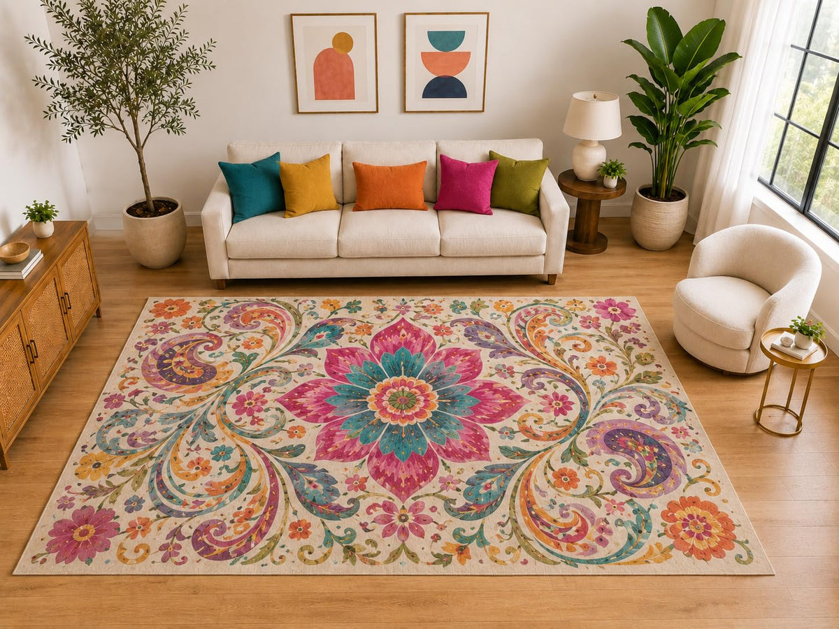 ICE ARMOR "Ultra Light Weight Large 6'7" x 9'10" Boho Floral Paisley Rug, Soft Low Pile Indoor Rug, Non-Slip Silicone Backing for Family Room Beige