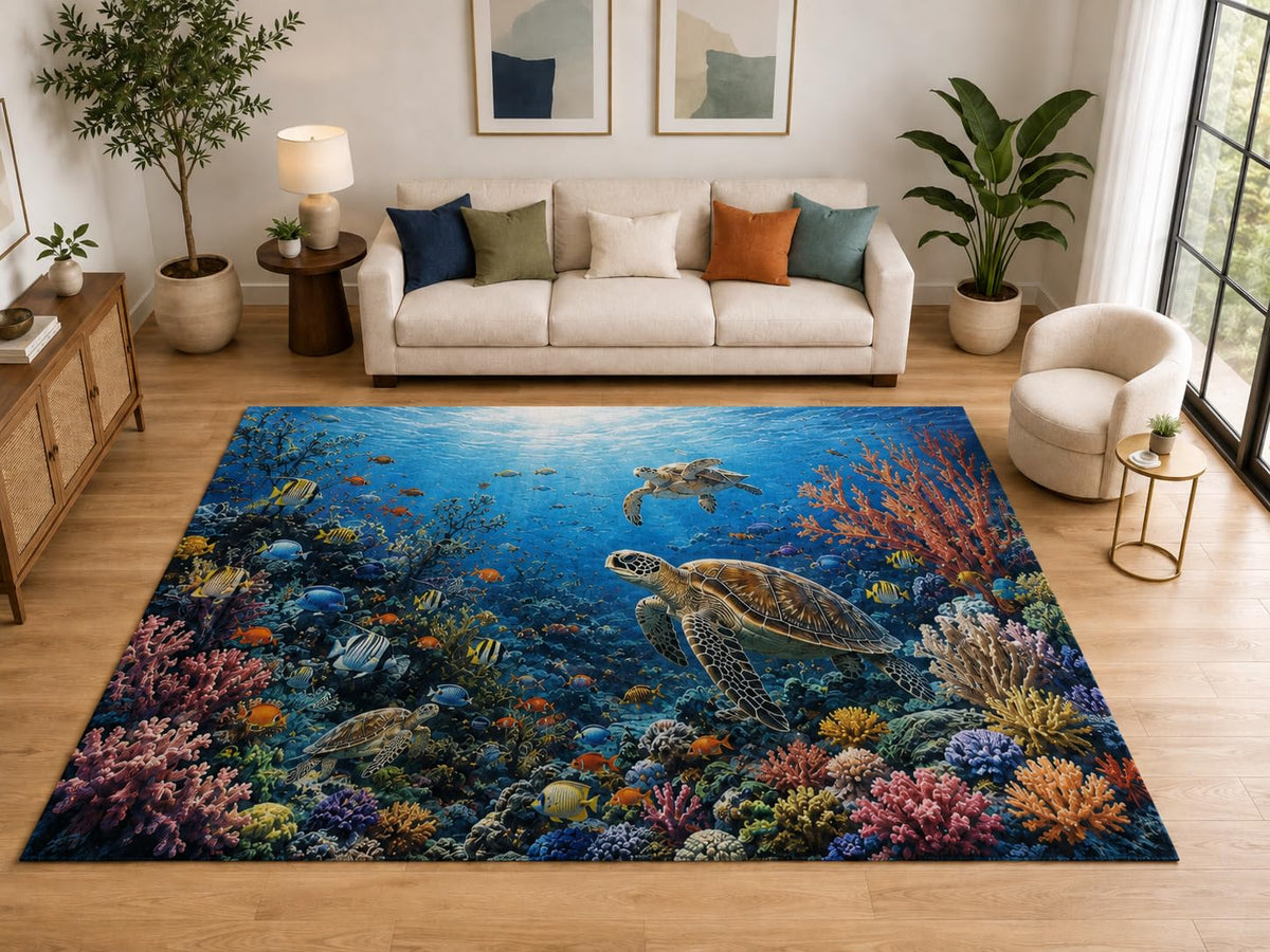 ICE ARMOR "Ultra Light Weight Large 6'7" x 9'10" Sea Turtle Reef Rug for Family Room, Soft Low Pile Indoor Rug and Non-Slip Silicone Backing, Blue