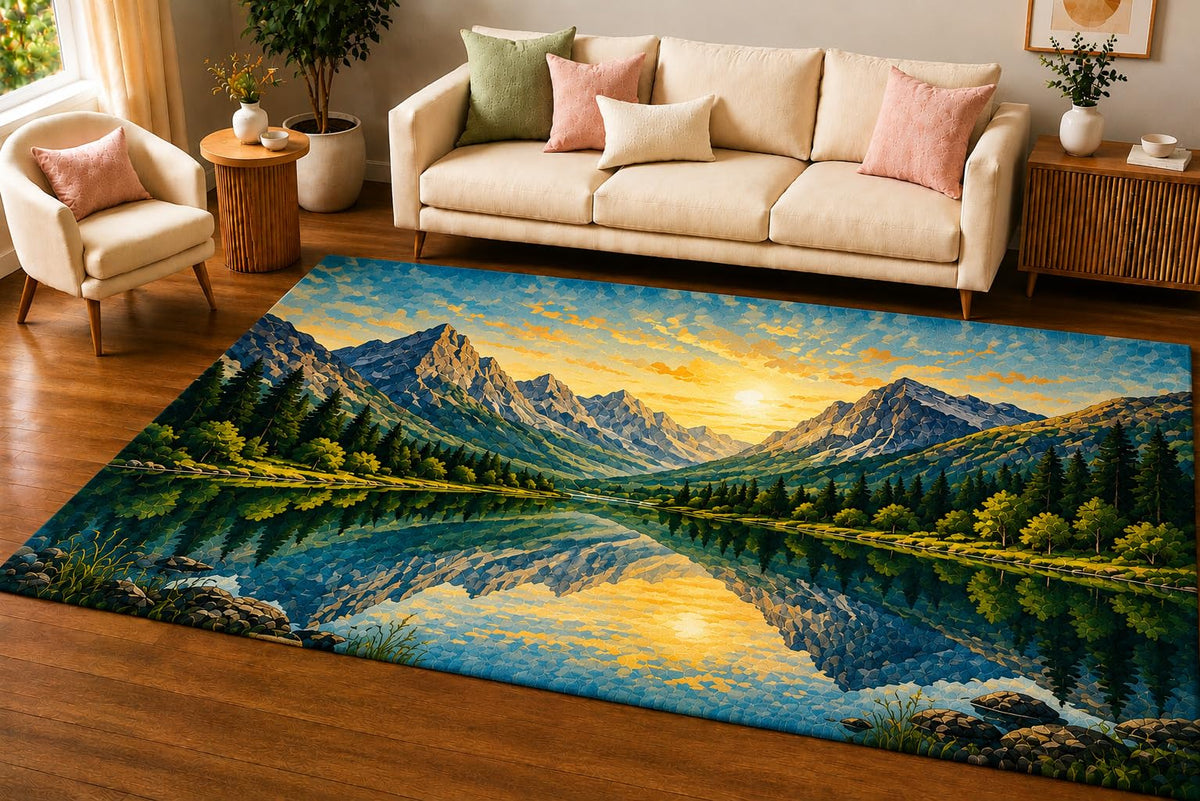 ICE ARMOR 5' x 7' Mountain Lake Reflection Sunrise Area Rug, Soft Low Pile Indoor Rug with Non-Slip Silicone Backing, Scenic Carpet for Living Room, Bedroom, Office, Family Room, Blue Green