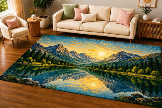 ICE ARMOR 5' x 7' Mountain Lake Reflection Sunrise Area Rug, Soft Low Pile Indoor Rug with Non-Slip Silicone Backing, Scenic Carpet for Living Room, Bedroom, Office, Family Room, Blue Green