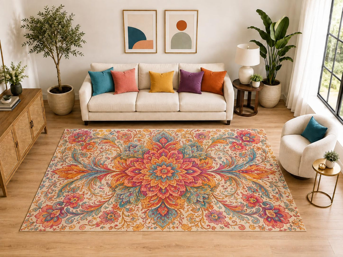 ICE ARMOR "Ultra Light Weight Large 6'7" x 9'10" Boho Floral Mandala Rug, Soft Low Pile Indoor Rug, Non-Slip Silicone Backing for Living Room Beige