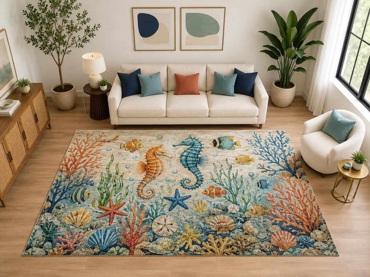 ICE ARMOR "Ultra Light Weight Large 6'7" x 9'10" Seahorse Shell Reef for Living Room, Soft Low Pile Indoor Rug and Non-Slip Silicone Backing, Beige