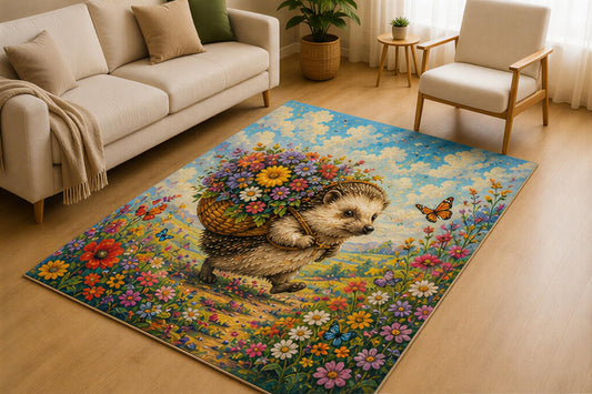 ICE ARMOR 5' x 7' Hedgehog Wildflower Meadow Area Rug for Living Room, Soft Low Pile Indoor Rug with Non-Slip Silicone Backing, Carpet for Bedroom, Nursery, Kids & Pets, Sky Blue Multicolor