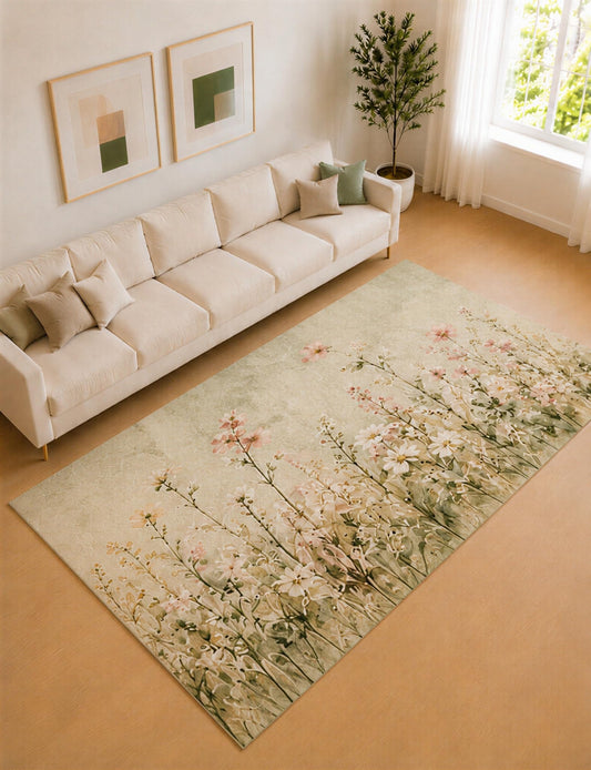 ICE ARMOR Large 6'7" x 9'10" Sage Green and Blush Wildflower Meadow Area Rug for Living Room, Soft Low Pile Carpet with Non-Slip Silicone Backing, Decor for Bedroom and Home Office