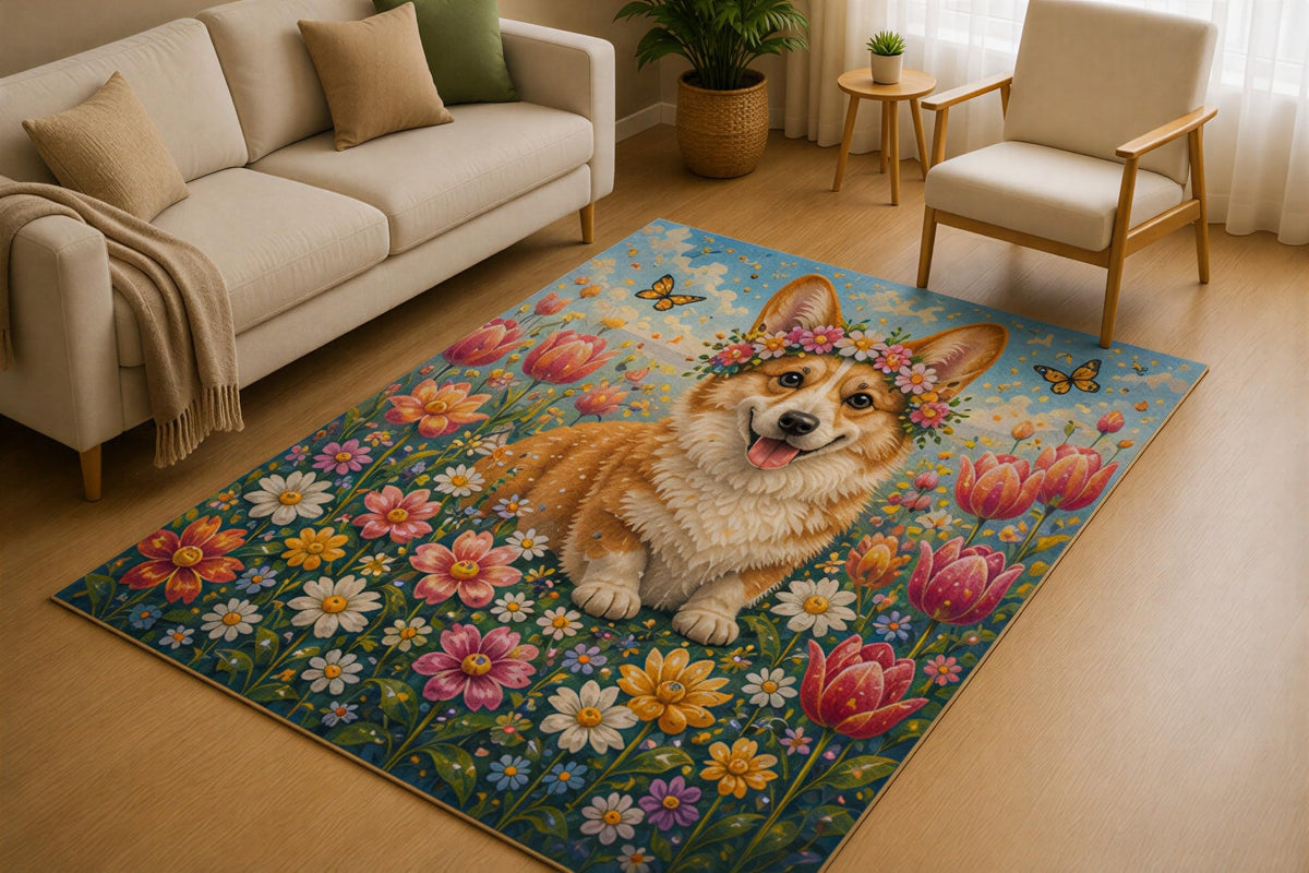 ICE ARMOR 5' x 7' Floral Corgi Garden Area Rug for Living Room, Soft Low Pile Indoor Rug with Non-Slip Silicone Backing, Botanical Carpet for Bedroom, Nursery, Kids Room, Kids & Pets, Blue Pink