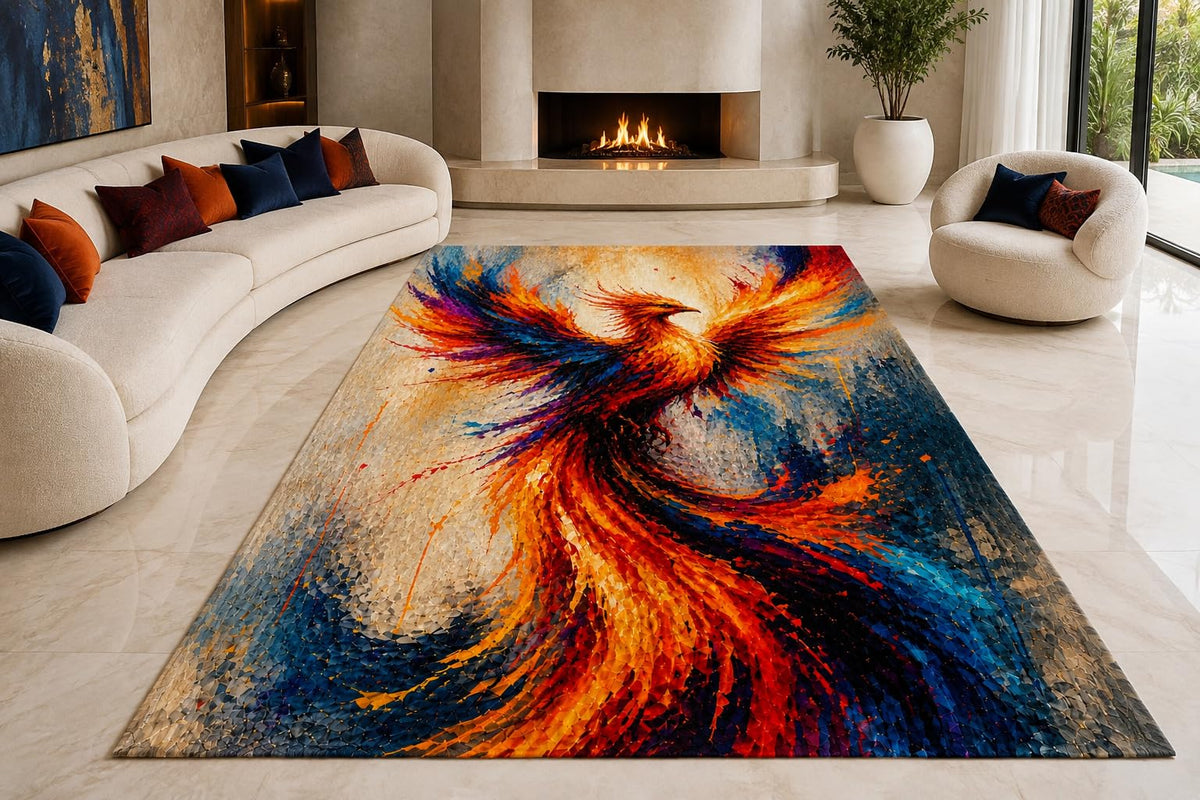 ICE ARMOR "Ultra Lightweight Large 6'7" x 9'10" Fiery Phoenix Flight Area Rug for Living Room, Bedroom and Home Office, Soft Low Pile Carpet with Non-Slip Silicone Backing, Orange and Blue