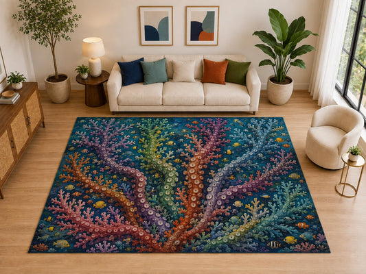 ICE ARMOR "Ultra Light Weight Large 6'7" x 9'10" Colorful Coral Tentacle Reef Rug for Living Room, Soft Low Pile Indoor Rug and Non-Slip Silicone Backing, Blue