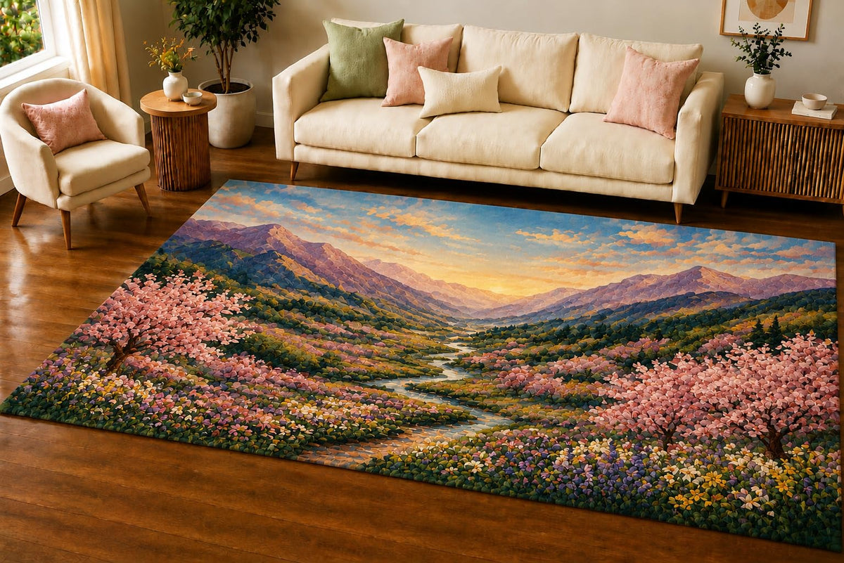 ICE ARMOR 5' x 7' Cherry Blossom Valley Area Rug, Soft Low Pile Indoor Rug with Non-Slip Silicone Backing, Floral Nature Carpet for Living Room, Bedroom, Family Room, Pink Sage