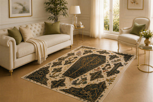 ICE ARMOR 5' x 7' Black Coffin Rug, Filigree Butterfly and Floral Emblem, Smooth Printed Floor Cover for Lounge, Bedroom, Study and Dark Victorian Decor