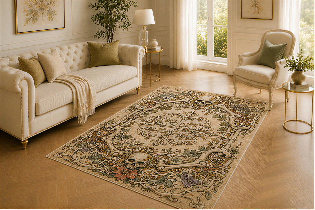 ICE ARMOR 5' x 7' Bone Scroll Rug, Skull Floral Arabesque Artwork, Smooth Printed Floor Cover for Lounge, Office, Hallway, Library and Macabre Home Decor