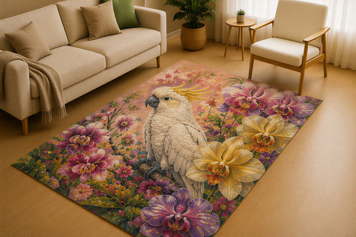 ICE ARMOR 5' x 7' Cockatoo Orchid Floral Area Rug for Living Room, Soft Low Pile Indoor Rug with Non-Slip Silicone Backing, Botanical Carpet for Bedroom, Family Room, Cream Pink