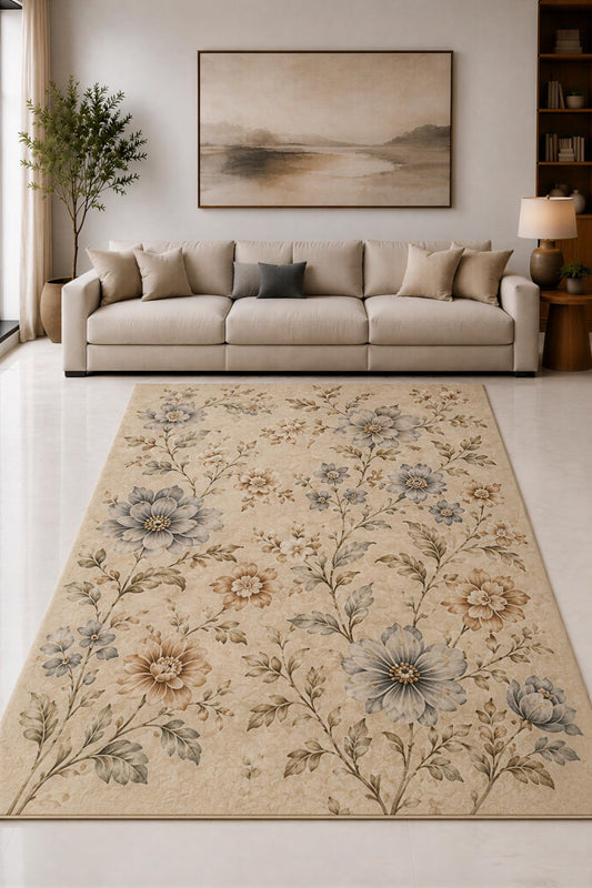 ICE ARMOR "Ultra Lightweight Large 6'7" x 9'10" Beige and Gray Vintage Flower Area Rug for Living Room, Bedroom and Home Office, Soft Low Pile Carpet with Non-Slip Silicone Backing