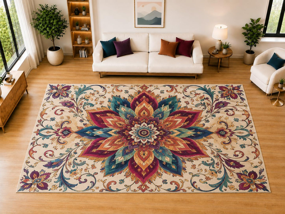 ICE ARMOR "Ultra Light Weight Large 6'7" x 9'10" Ornate Lotus Paisley Area Rug for Living Room, Bedroom, Dining Room, Soft Low Pile Non-Slip Backing, Teal Burgundy Orange