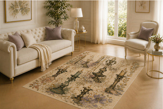 ICE ARMOR 5' x 7' Gothic Candlestick Rug, Lace Blossom and Twisted Metal Design, Smooth Printed Floor Cover for Dining Room, Library, Office and Vintage Decor