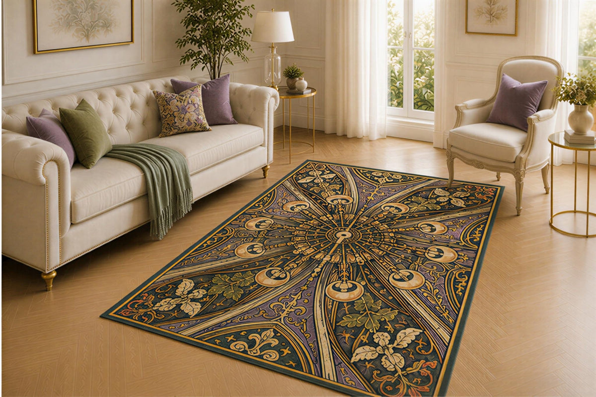 ICE ARMOR 5' x 7' Gothic Rose Window Rug, Cathedral Tracery, Crescent Moon and Botanical Design, Smooth Printed Floor Cover for Bedroom, Living Room, Library and Medieval Home Decor