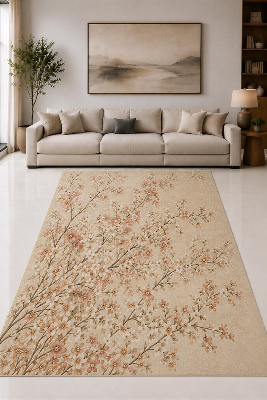 ICE ARMOR "Ultra Lightweight Large 6'7" x 9'10" Beige and Peach Branch Garden Area Rug for Living Room, Bedroom and Home Office, Soft Low Pile Carpet with Non-Slip Silicone Backing
