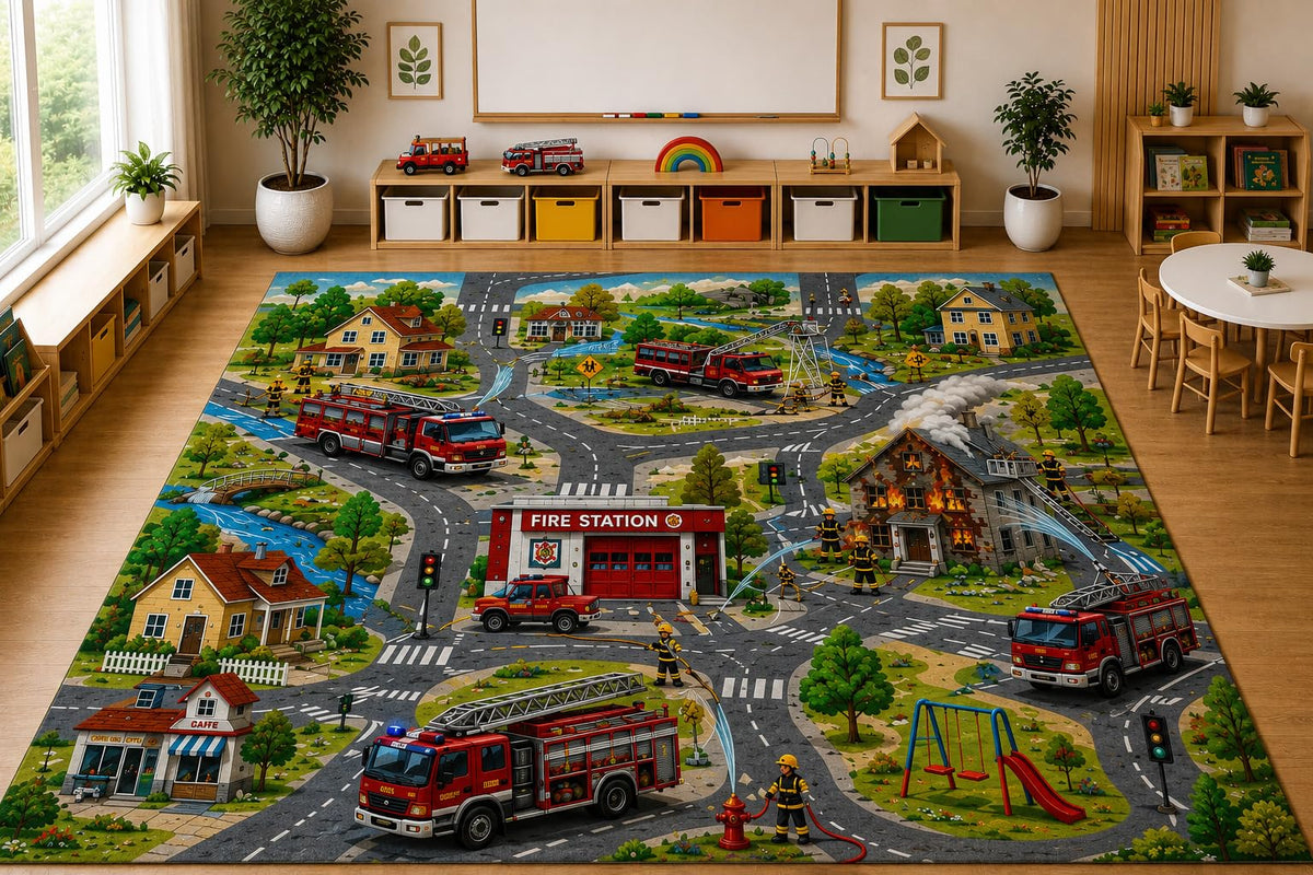 ICE ARMOR Large 6'7" x 9'10" Fire Truck City Area Rug, Soft Low Pile Indoor Rug with Non-Slip Silicone Backing for Kids Room Playroom, Gray