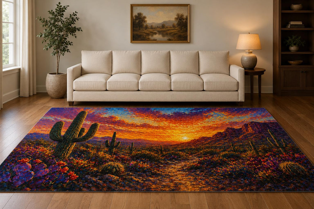 ICE ARMOR "Ultra Lightweight Large 6'7" x 9'10" Cactus Twilight Area Rug for Living Room, Bedroom and Home Office, Soft Low Pile Carpet with Non-Slip Silicone Backing, Orange and Purple