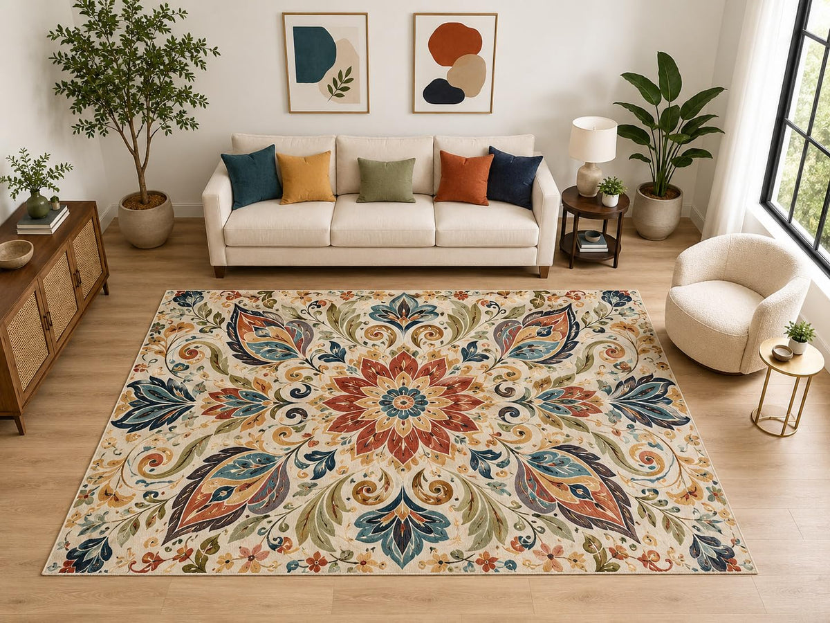 ICE ARMOR "Ultra Light Weight Large 6'7" x 9'10" Boho Leaf Medallion Rug, Soft Low Pile Indoor Rug, Non-Slip Silicone Backing for Living Room Beige