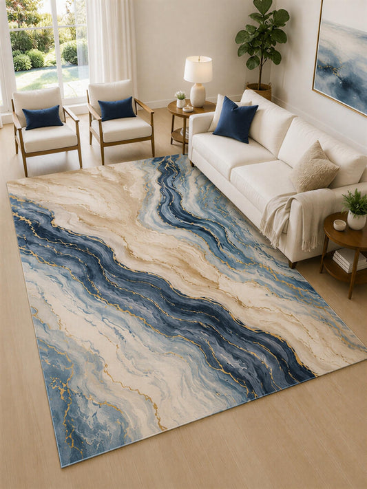 ICE ARMOR Large 6'7" x 9'10" Blue and Cream Marble Current Area Rug for Living Room, Soft Low Pile Carpet with Non-Slip Silicone Backing, Decor for Bedroom and Home Office