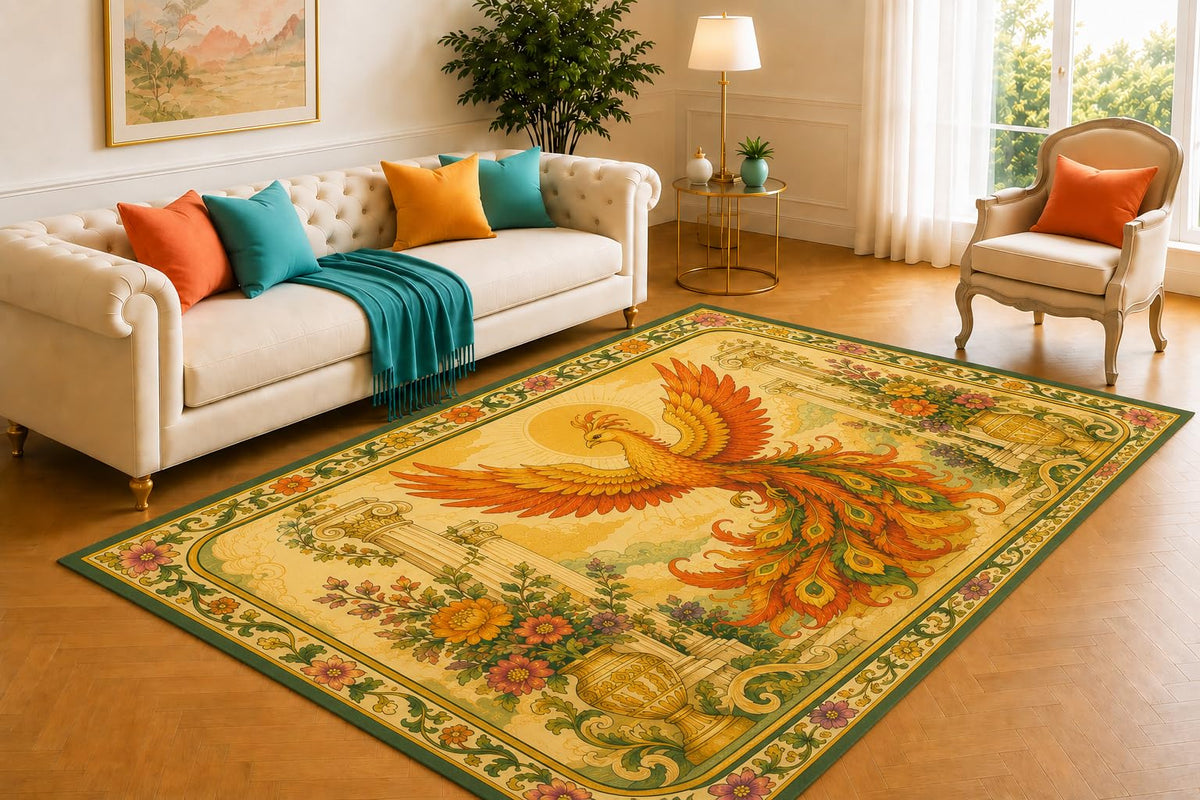 ICE ARMOR 5' x 7' Majestic Phoenix Classical Area Rug, Soft Low Pile Indoor Rug with Non-Slip Silicone Backing for Living Room, Bedroom, Dining Room, Office, Orange