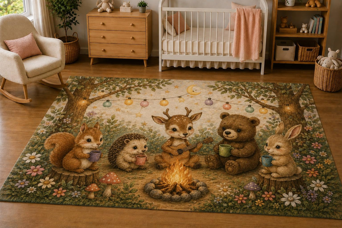 ICE ARMOR 5' x 7' Baby Forest Friends Campfire Area Rug for Nursery, Soft Low Pile Indoor Rug with Non-Slip Silicone Backing, Kids Room, Playroom, Kids & Pets, Beige Green
