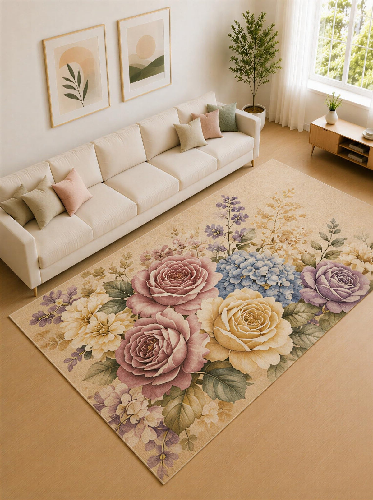 ICE ARMOR Large 6'7" x 9'10" Lavender and Ivory Rose Bouquet Area Rug for Living Room, Soft Low Pile Carpet with Non-Slip Silicone Backing, Decor for Bedroom and Home Office