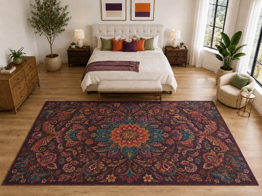 ICE ARMOR "Ultra Light Weight Large 6'7" x 9'10" Vintage Floral Medallion Rug, Soft Low Pile Indoor Rug, Non-Slip Silicone Backing for Bedroom Plum