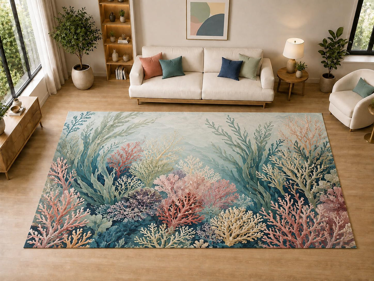 ICE ARMOR "Ultra Light Weight Large 6'7" x 9'10" Coral Reef, Living Room, Bedroom, Dining Room, Office, Family Room, Soft Low Pile Indoor Rug, Non-Slip Silicone Backing, Aqua