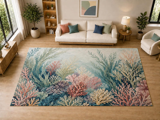 ICE ARMOR "Ultra Light Weight Large 6'7" x 9'10" Coral Reef, Living Room, Bedroom, Dining Room, Office, Family Room, Soft Low Pile Indoor Rug, Non-Slip Silicone Backing, Aqua