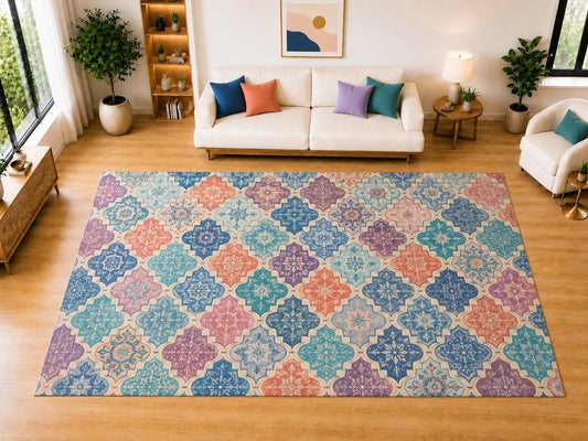 ICE ARMOR "Ultra Light Weight Large 6'7 x 9'10 Colorful Moroccan Tile Area Rug for Living Room, Dining Room, and Bedroom, Soft Low Pile Indoor Rug, Bohemian Floor Decor