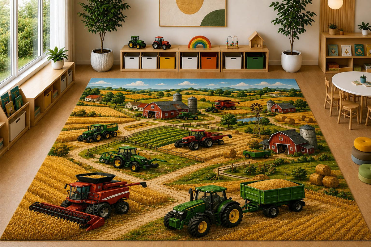 ICE ARMOR Large 6'7" x 9'10" Farm Tractor Harvest Area Rug, Soft Low Pile Indoor Rug with Non-Slip Silicone Backing for Kids Room Playroom, Brown