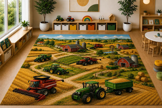 ICE ARMOR Large 6'7" x 9'10" Farm Tractor Harvest Area Rug, Soft Low Pile Indoor Rug with Non-Slip Silicone Backing for Kids Room Playroom, Brown