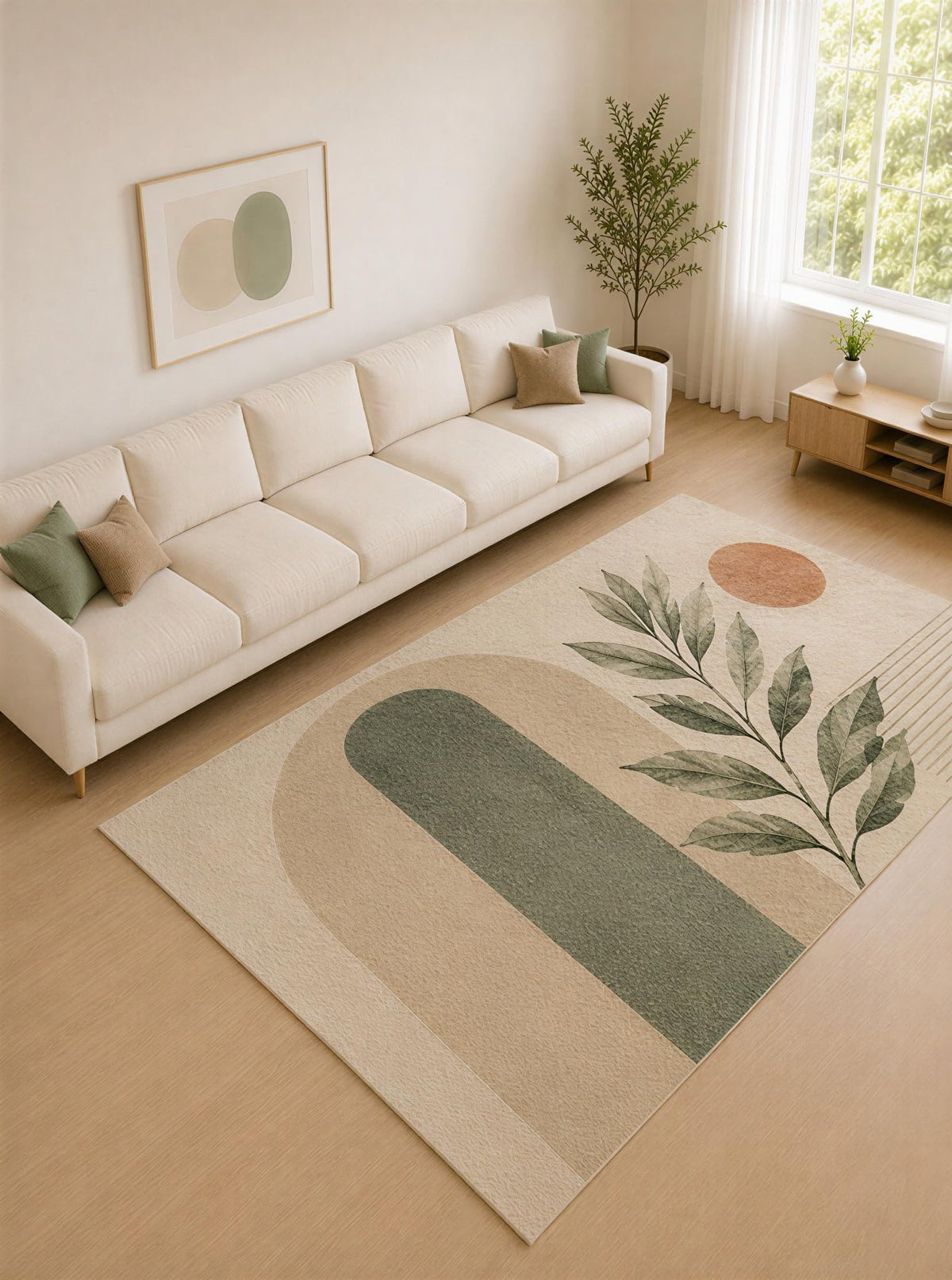 ICE ARMOR Large 6'7" x 9'10" Sage Green and Beige Botanical Arches Area Rug for Living Room, Soft Low Pile Carpet with Non-Slip Silicone Backing, Decor for Bedroom and Home Office