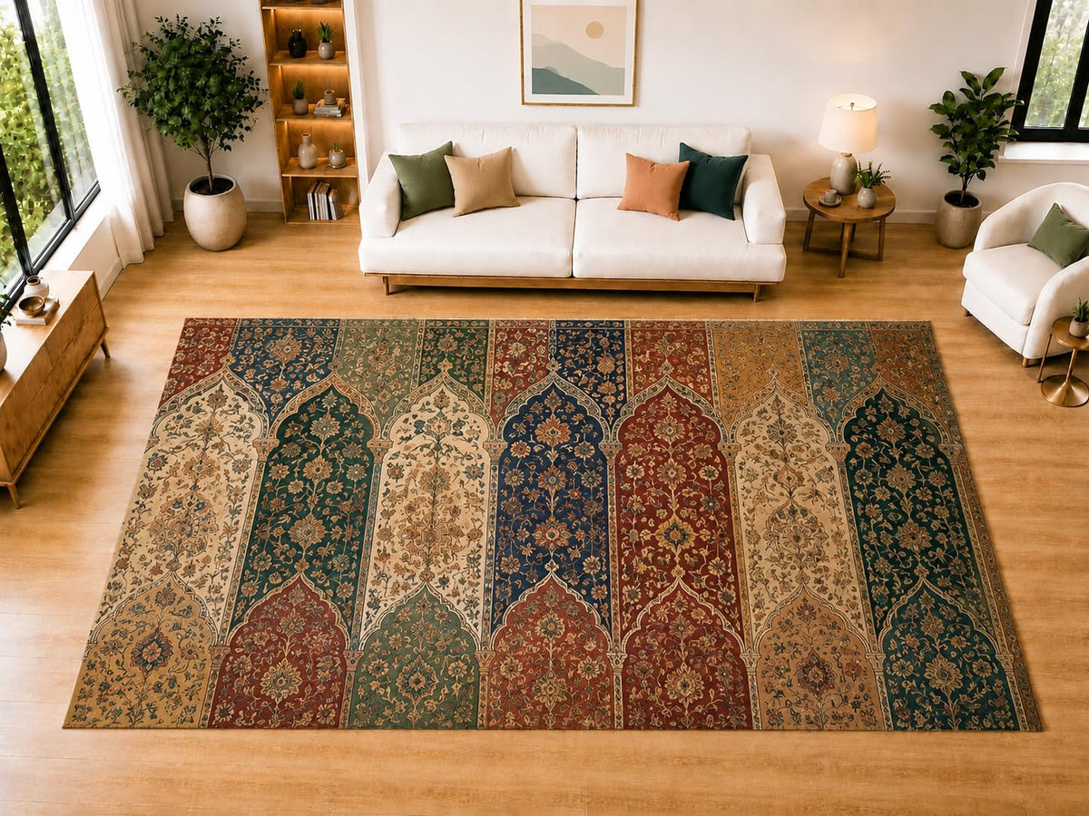 ICE ARMOR "Ultra Light Weight Large 6'7" x 9'10" Floral Arch Panel Area Rug for Living Room, Bedroom, Dining Room, Soft Low Pile Non-Slip Backing, Green Navy Rust Beige