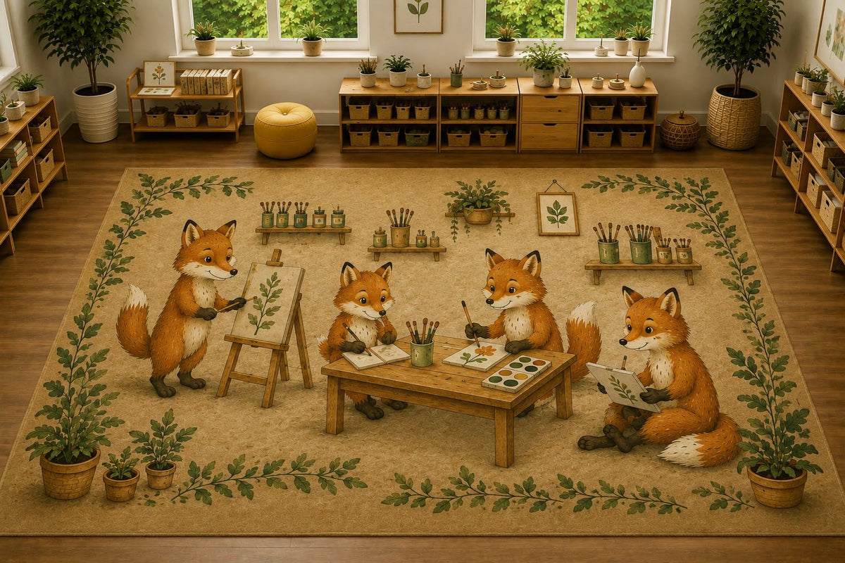 ICE ARMOR Large 6'7" x 9'10" Woodland Fox Art Class Area Rug, Soft Low Pile Indoor Rug with Non-Slip Silicone Backing for Kids Room, Playroom, Beige