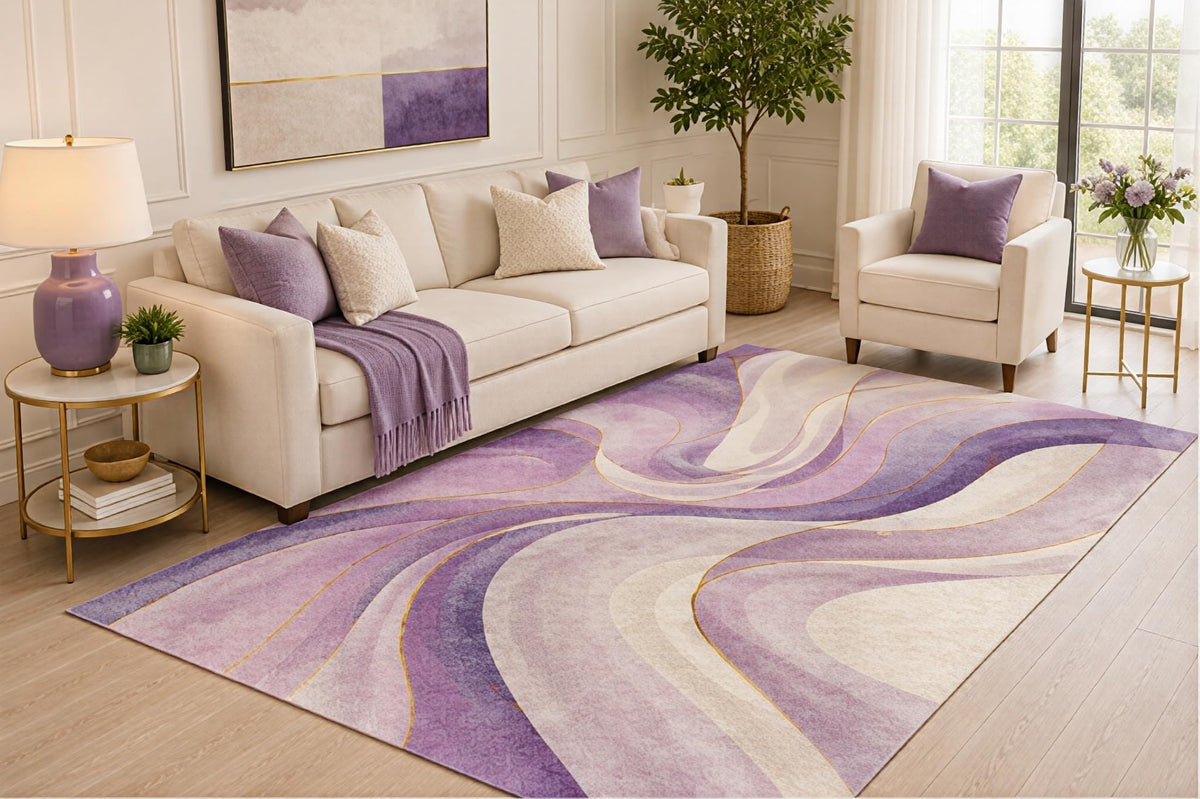ICE ARMOR 5' x 7' Purple Abstract Swirl Area Rug, Modern Marble Flow Art Design for Living Room Bedroom Office, Non-Slip Silicone Backing, Low Pile Carpet