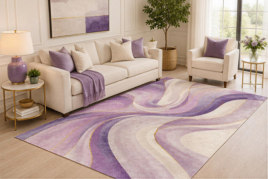 ICE ARMOR 5' x 7' Purple Abstract Swirl Area Rug, Modern Marble Flow Art Design for Living Room Bedroom Office, Non-Slip Silicone Backing, Low Pile Carpet